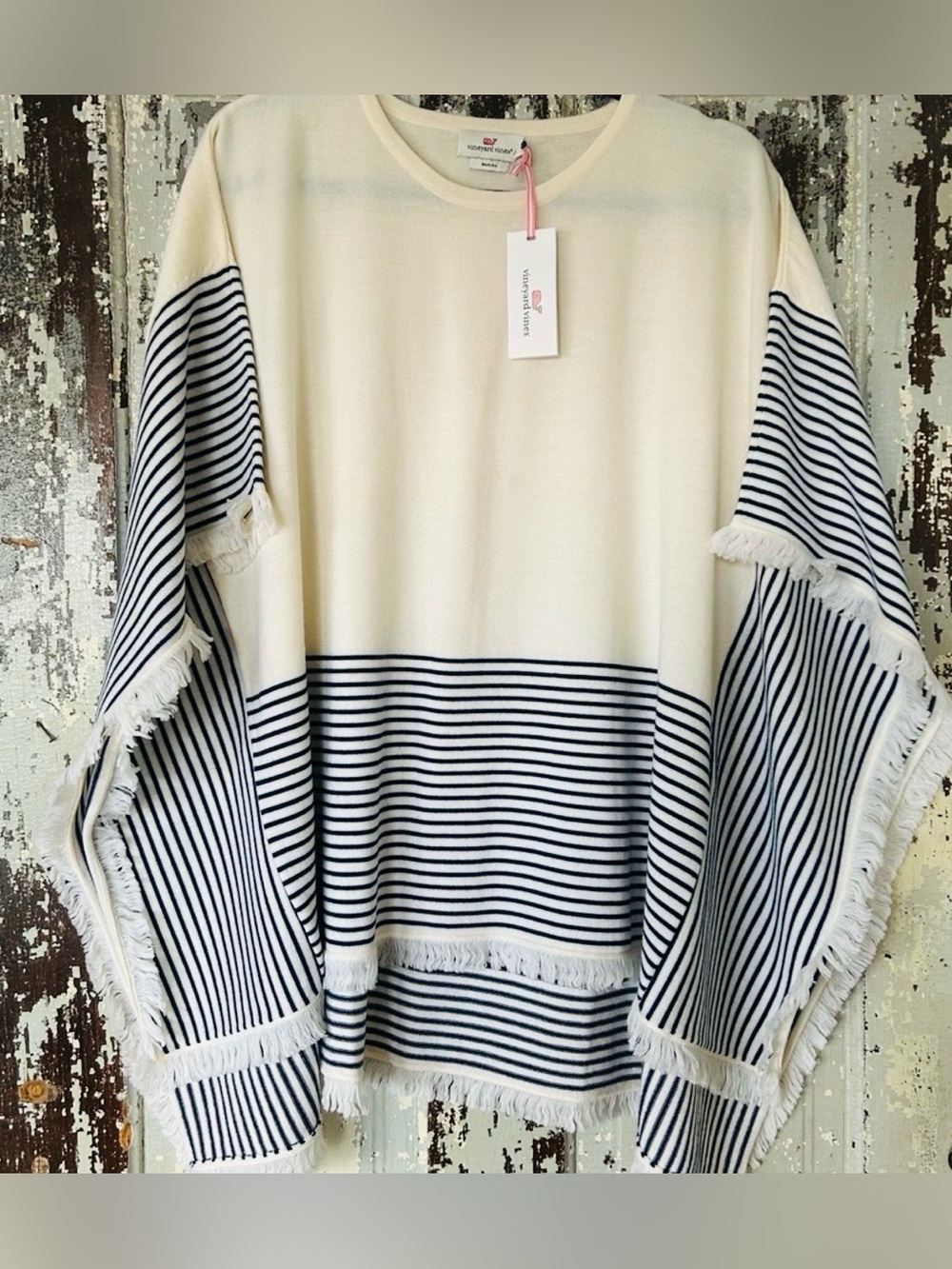 Vineyard Vines Women’s Ivory & Navy Striped Fringe Poncho - XS/S, NWT - Picture 3 of 5
